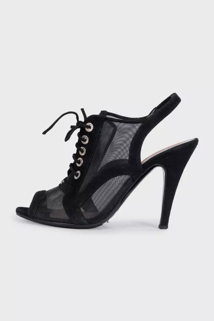 Black lace-up sandals with mesh