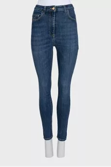 Slim-fit blue jeans with a high waist
