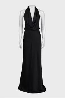 Black off-the-shoulder dress with a train