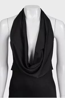 Black off-the-shoulder dress with a train