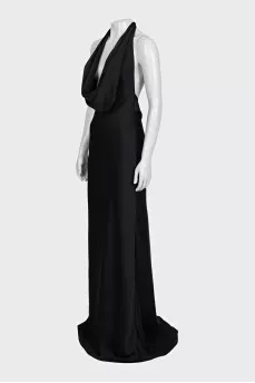 Black off-the-shoulder dress with a train