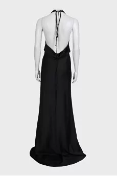 Black off-the-shoulder dress with a train