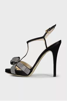 Black textile sandals with rhinestones
