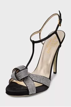 Black textile sandals with rhinestones