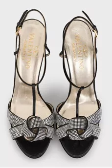 Black textile sandals with rhinestones