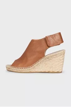 Leather wedge sandals with velcro fastenings