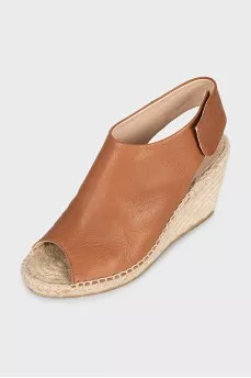 Leather wedge sandals with velcro fastenings