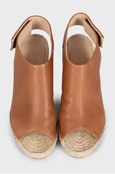 Leather wedge sandals with velcro fastenings