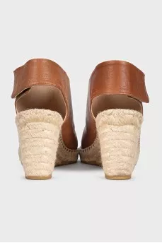 Leather wedge sandals with velcro fastenings