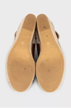 Leather wedge sandals with velcro fastenings