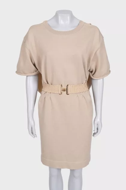 Beige fitted dress with silk inserts
