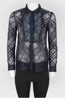 Navy Blue Lace Button Down Blouse
