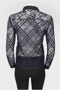 Navy Blue Lace Button Down Blouse