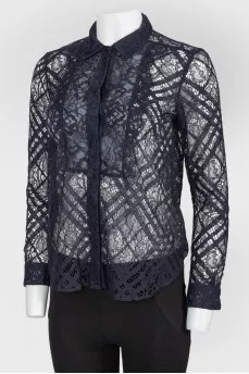 Navy Blue Lace Button Down Blouse
