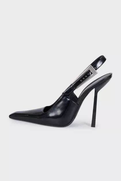 Black leather slingbacks with silver hardware
