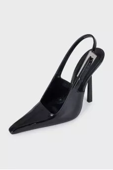Black leather slingbacks with silver hardware