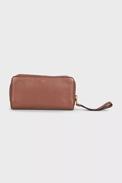 Brown leather clutch with logo