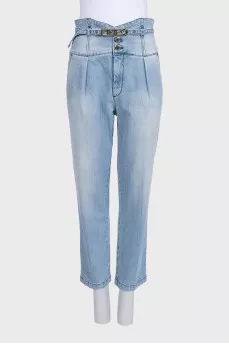 High-waisted blue jeans with a drawstring