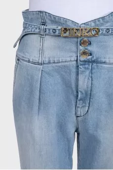 High-waisted blue jeans with a drawstring