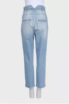High-waisted blue jeans with a drawstring