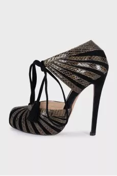 Black suede shoes with snakeskin inserts