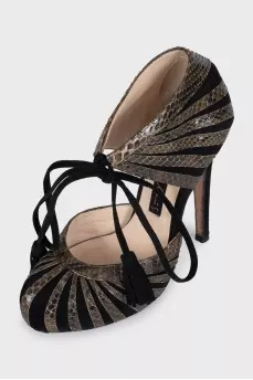 Black suede shoes with snakeskin inserts