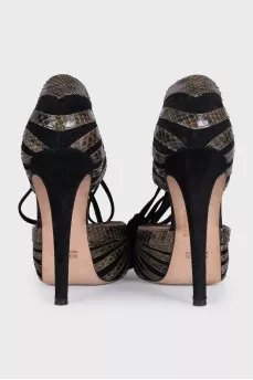 Black suede shoes with snakeskin inserts