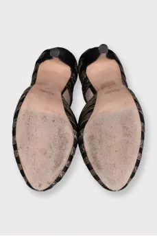 Black suede shoes with snakeskin inserts