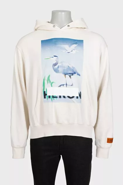 Men's white hoodie with print and patch pocket
