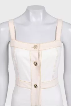 White denim sundress with gold buttons