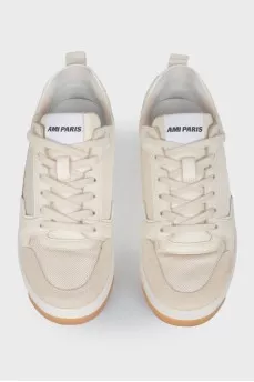 Men's beige leather and suede sneakers
