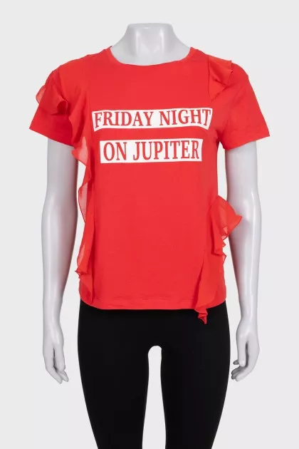 Red T-shirt with asymmetrical ruffles