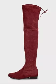Red suede over-the-knee boots with low heels