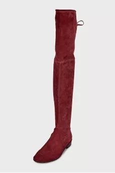 Red suede over-the-knee boots with low heels