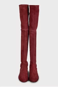 Red suede over-the-knee boots with low heels