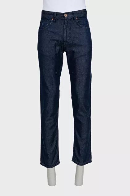 Men's dark blue jeans with embroidery on the pockets