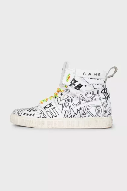 Men's white high-top sneakers with a print
