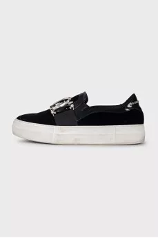 Velour slip-ons with crystals