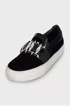 Velour slip-ons with crystals