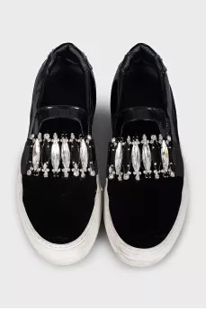 Velour slip-ons with crystals