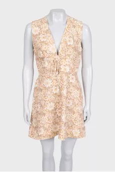Floral print linen dress with ties