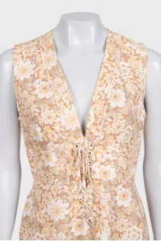 Floral print linen dress with ties