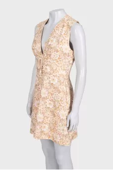 Floral print linen dress with ties