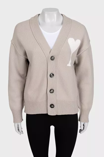 Beige wool cardigan with logo