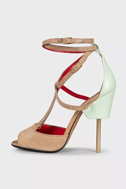 Suede sandals with leather inserts and a shaped heel