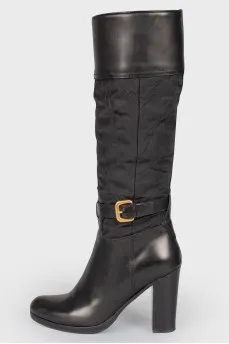 Black leather heeled textile insert boots
