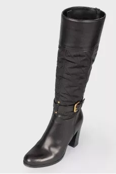 Black leather heeled textile insert boots
