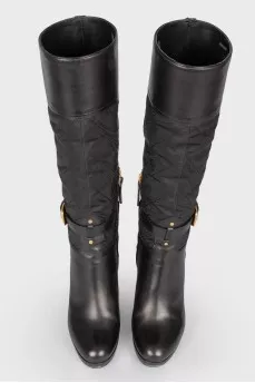 Black leather heeled textile insert boots