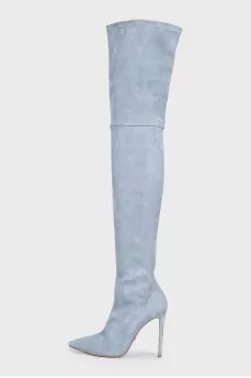 Light blue suede stiletto heeled over-the-knee boots