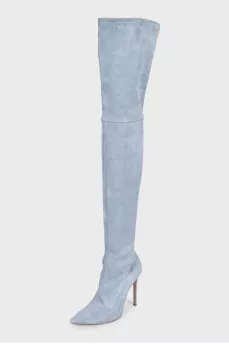 Light blue suede stiletto heeled over-the-knee boots